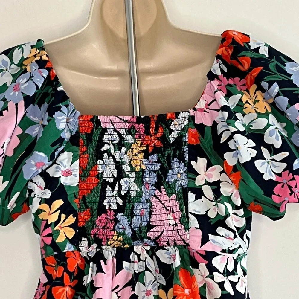 Old Navy Size Medium Floral Print Waist-Defined Puff Sleeve V-Neck Top Cotton